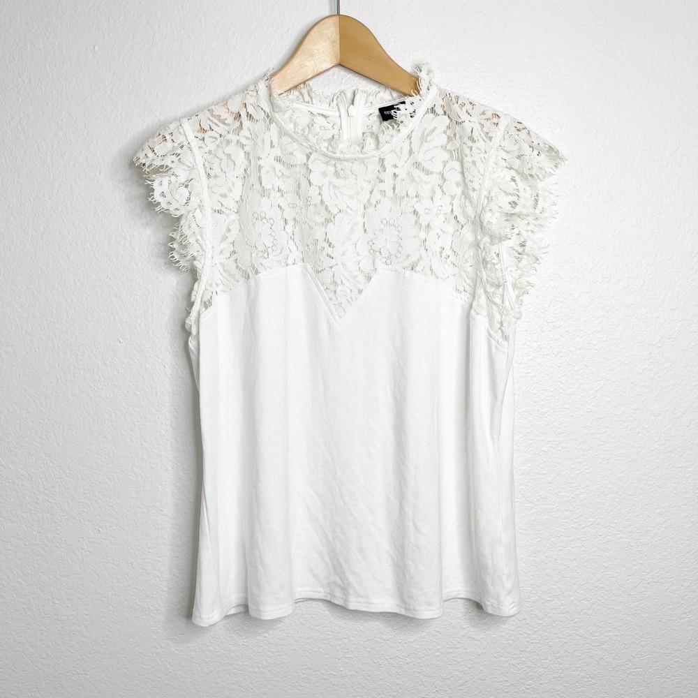 Generation Love White Floral Lace Yoke Cap Sleeve High Neck Zipper Back Top L